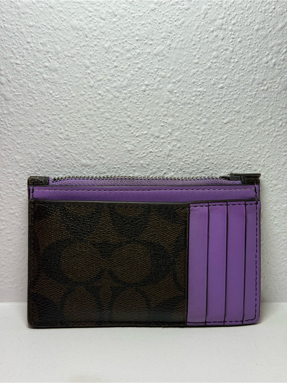 Coach Brown Card Case with Lavender Zip Accent